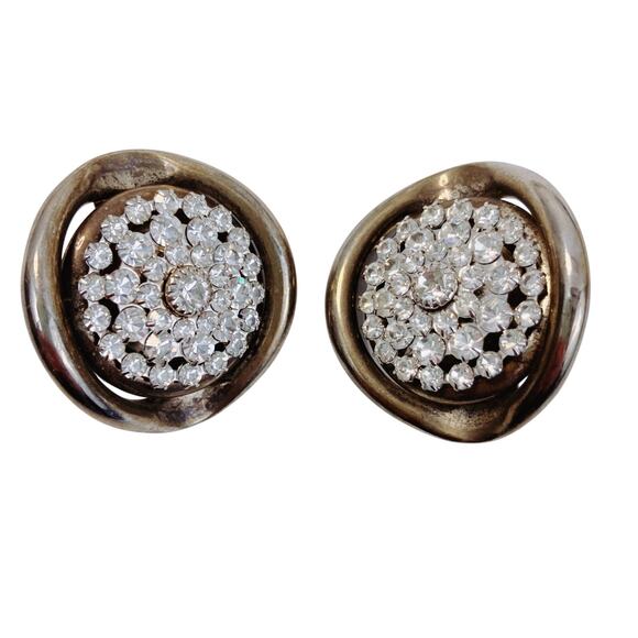 Vintage Silver-Toned Rhinestone Clip-On Earrings, Mid-Century 50s 60s - Picture 1 of 5